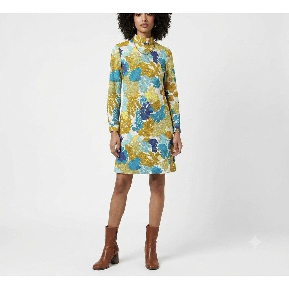 Vintage Mod Shift Dress Mock Neck Psychedelic Floral 60s 70s Blue Yellow XS S